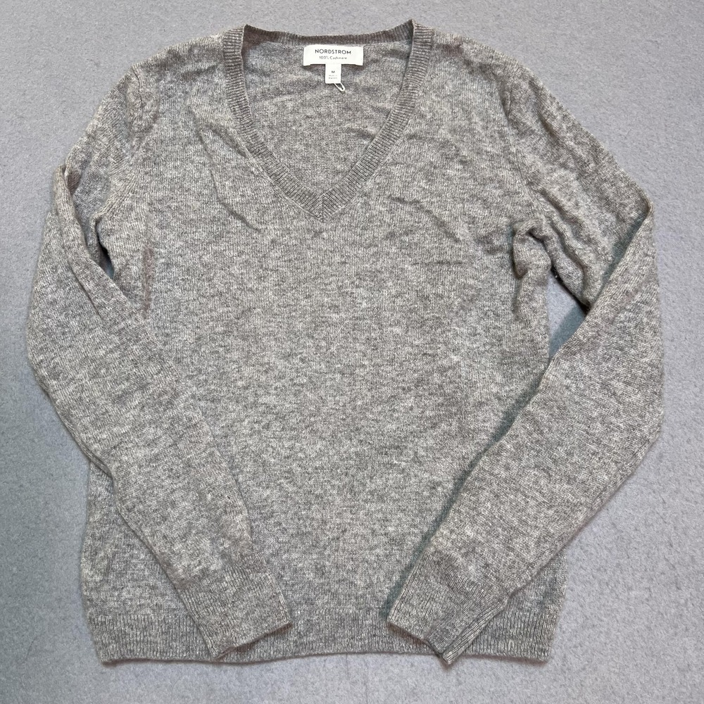 Nordstrom Sweater Womens Medium Gray 100% Cashmere V Neck Pullover Knit Top